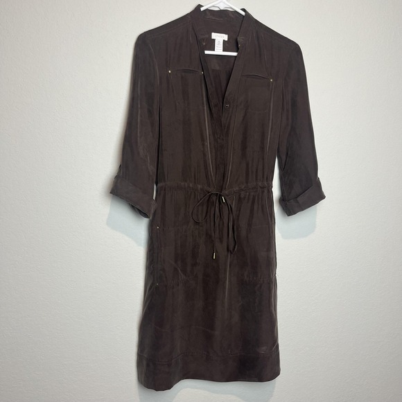 Chico's Dresses & Skirts - Chico's Shirt Dress Womens 0 Brown Silk V Neck Drawstring 3/4 Sleeve Knee Length